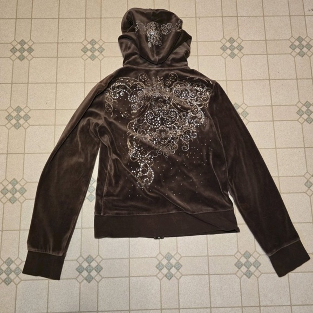 Express‎ Brown Floral Rhinestone Velour Hoodie Women M Full Zip Y2K Fairy Grunge